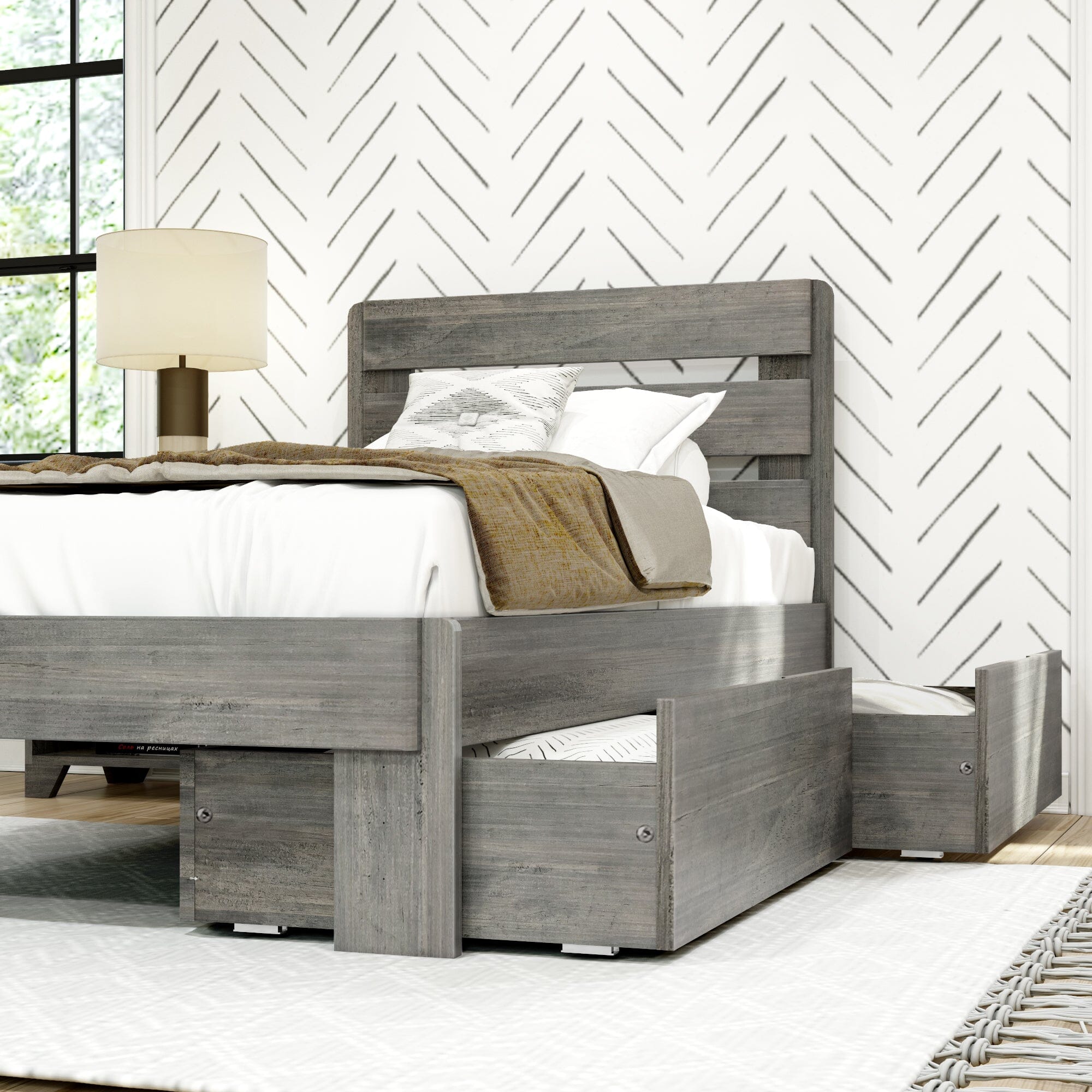 Modern Farmhouse Twin Plank Bed With Storage Drawers
