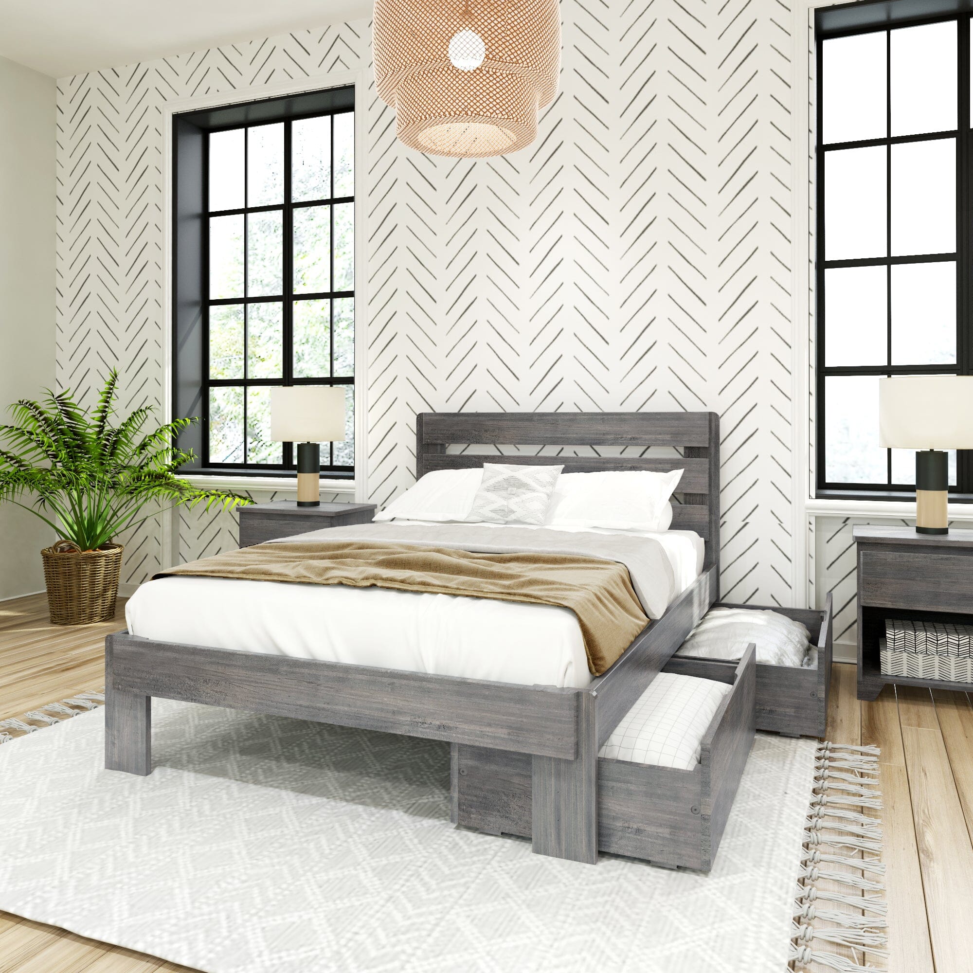 Modern Farmhouse Full Plank Bed With Storage Drawers